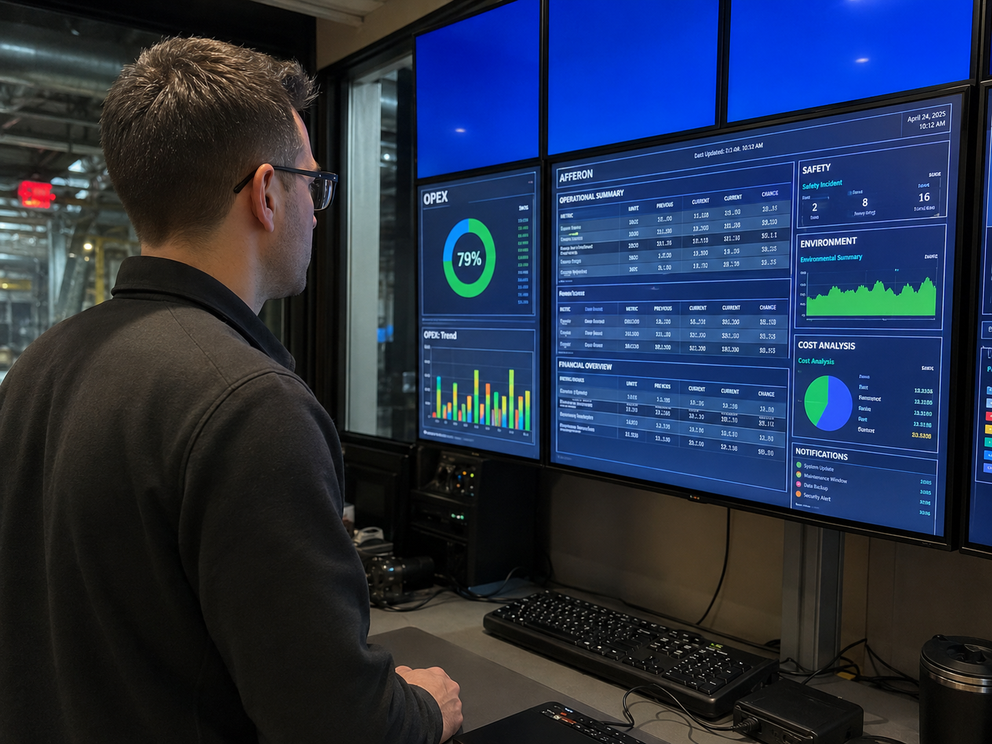 Engenheiro analisando dashboards de OPEX e CAPEX em centro de controle industrial
