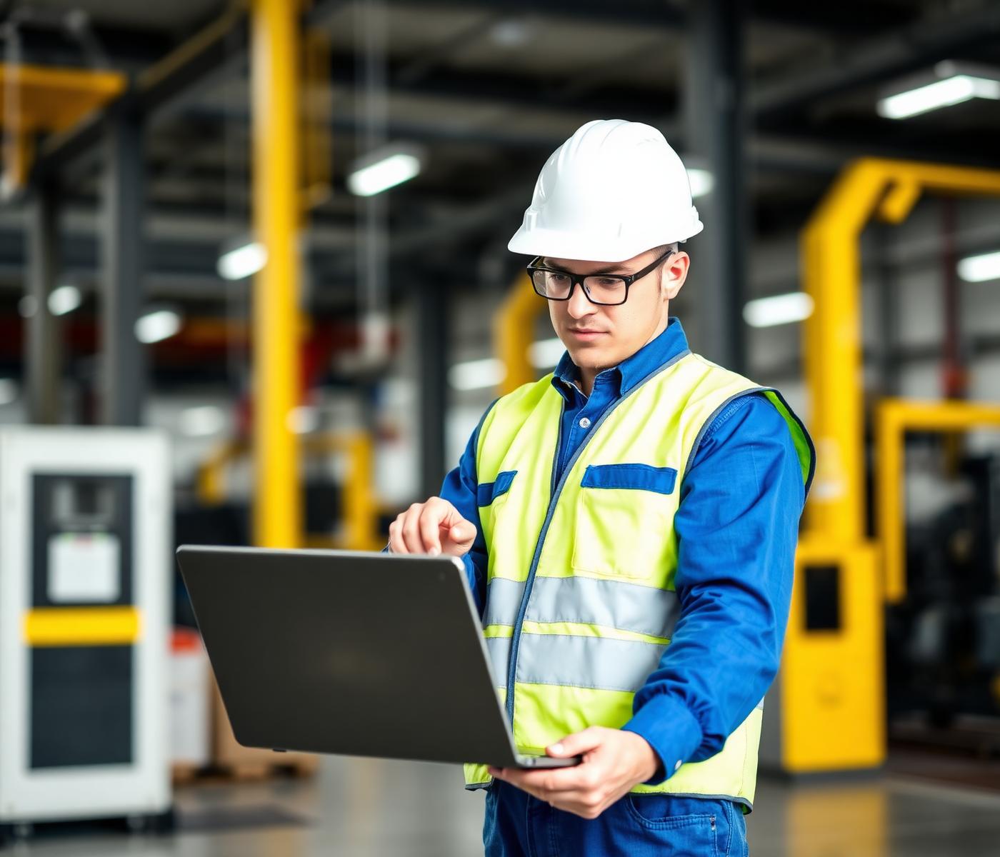 Profissional de manutenção industrial analisando dashboard financeiro em notebook